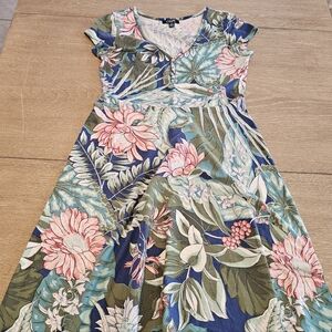 CHAPS 100% Cotton Floral V Neck Maxi Dress Size Medium Button Top Cap Sleeve